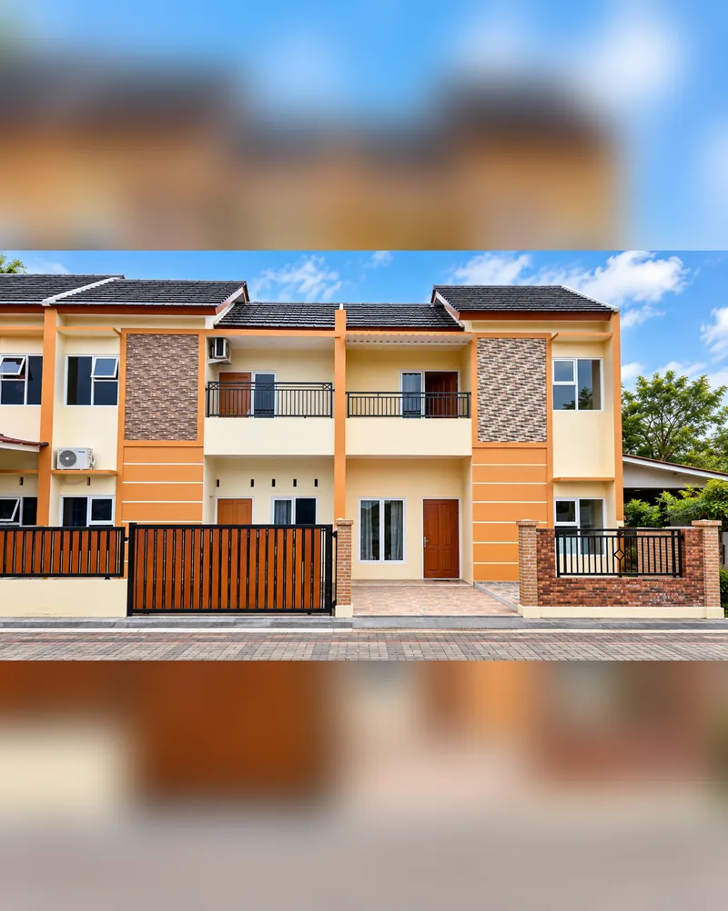 Deretan fasad rumah 2 lantai dengan balkon kaca dan aksen batu alam